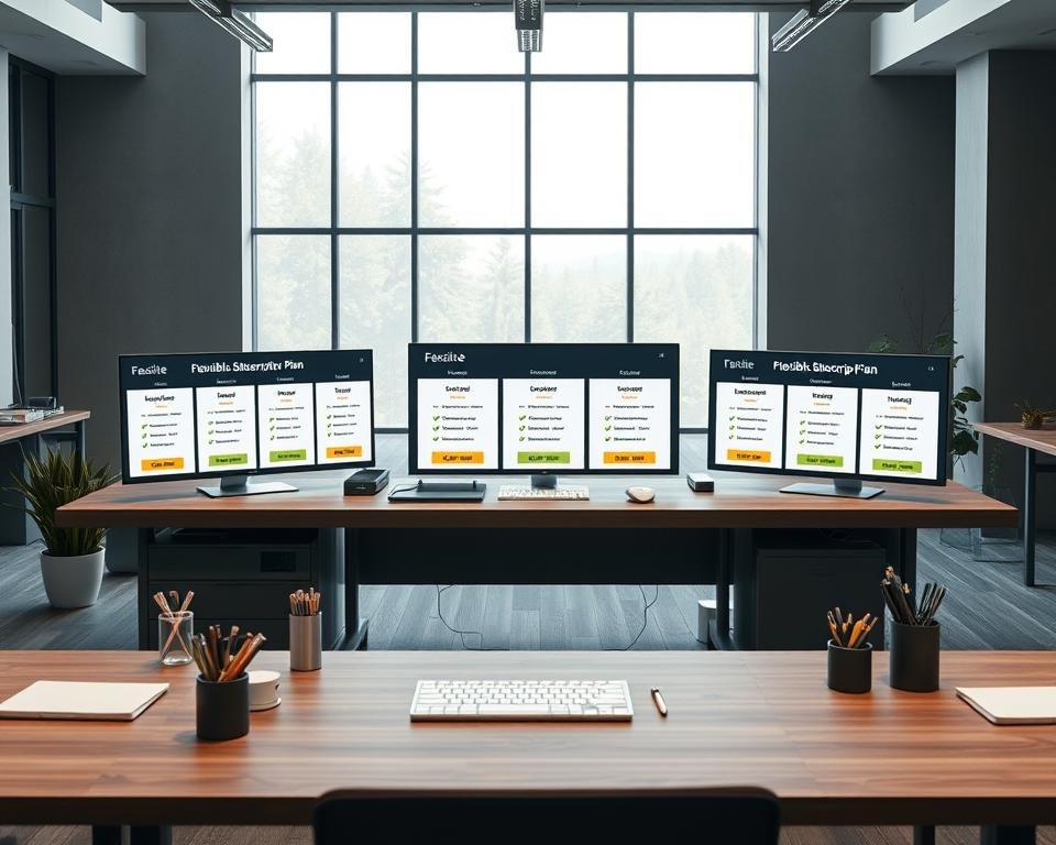 A sleek, modern workspace with a large desk showcasing a variety of digital devices and stationery. On the desk, there are several flexible subscription plan options displayed on digital screens, each with customizable features and pricing details. The background features a minimalist, gray-toned office interior with floor-to-ceiling windows, allowing natural light to stream in and create a bright, airy atmosphere. The overall scene conveys a sense of professionalism, flexibility, and technological savvy, perfectly encapsulating the "Flexible Subscription Plans" concept.