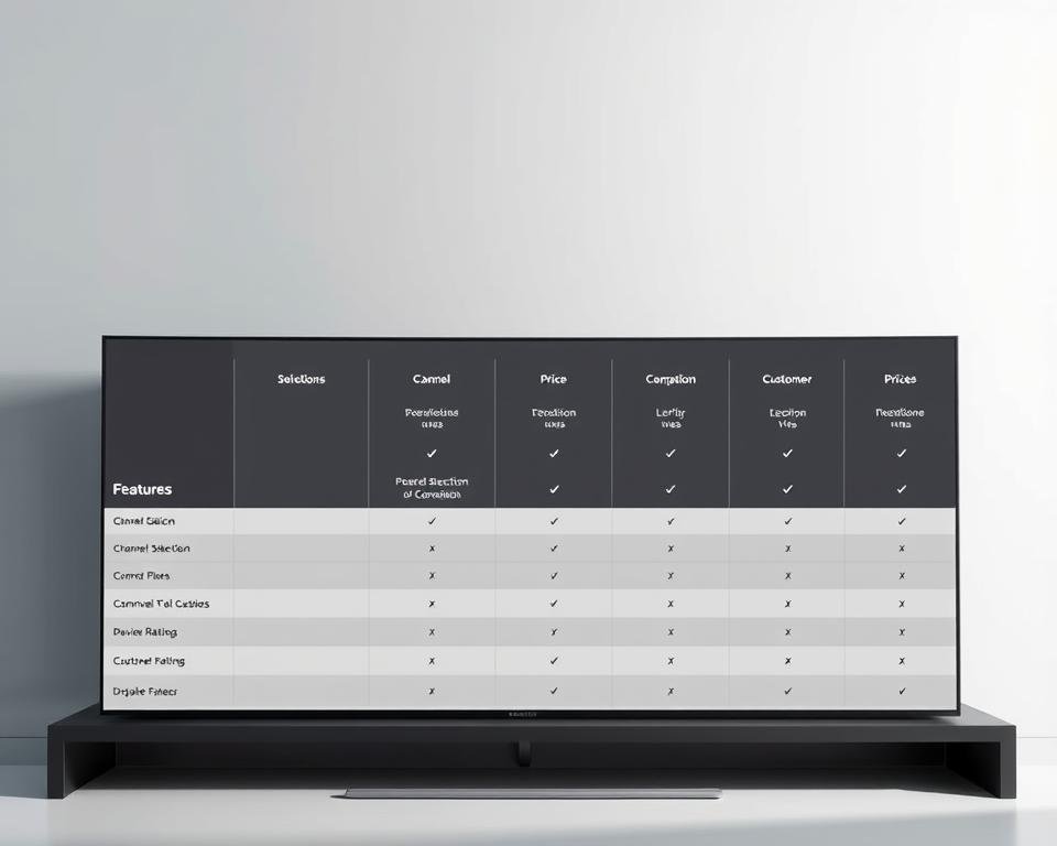 A sleek, professional comparison table showcasing the key features of leading IPTV providers in the UK. The table is set against a clean, minimalist background, bathed in soft, directional lighting that highlights the crisp, legible text and clean, well-organized layout. The tabular data presents essential details such as channel selection, pricing, device compatibility, and customer ratings in a clear, easy-to-digest format. The overall aesthetic is modern, polished, and tailored to the needs of the discerning IPTV consumer, conveying a sense of authority and trust in the information provided.