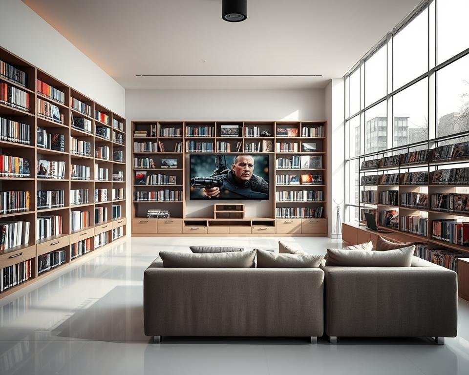 A spacious, modern media room with an extensive content library displayed on the walls. Crisp, bright lighting from large windows illuminates the neatly organized shelves and cabinets filled with a vast array of movies, TV shows, and other multimedia. In the foreground, a plush, comfortable sofa faces a large, high-definition television, inviting viewers to immerse themselves in the unrivaled content at their fingertips. The room's minimalist design and neutral color palette create a serene, focused atmosphere, allowing the rich visual library to take center stage. A spacious, modern media room with an extensive content library displayed on the walls. Crisp, bright lighting from large windows illuminates the neatly organized shelves and cabinets filled with a vast array of movies, TV shows, and other multimedia. In the foreground, a plush, comfortable sofa faces a large, high-definition television, inviting viewers to immerse themselves in the unrivaled content at their fingertips. The room's minimalist design and neutral color palette create a serene, focused atmosphere, allowing the rich visual library to take center stage.