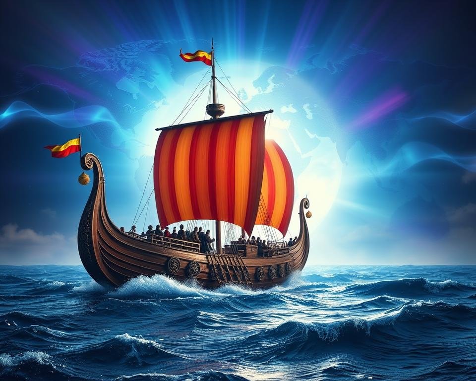A sprawling Viking longship set against a backdrop of a global map, adorned with intricate carvings and vibrant sails. The vessel's prow cuts through stormy seas, its crew scanning the horizon for new horizons. Ethereal blue and purple lights dance across the sky, hinting at the boundless content available through the Viking IPTV service. The scene conveys a sense of adventure, exploration, and the ability to access a diverse array of live and on-demand programming from around the world.