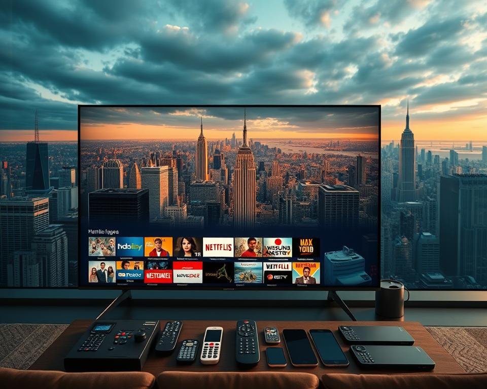 A sprawling entertainment hub, a vast array of content options unfolding before the viewer. In the foreground, a sleek, modern television set displaying a diverse selection of international channels and streaming services. The middle ground features an array of remote controls, phones, and tablets, each representing the seamless integration of technology into the viewing experience. In the background, a richly detailed cityscape filled with skyscrapers and iconic landmarks, hinting at the global reach and comprehensive nature of the content available. Soft, warm lighting sets an inviting tone, while a sense of dynamism and vitality pervades the scene, capturing the essence of a truly comprehensive content selection.