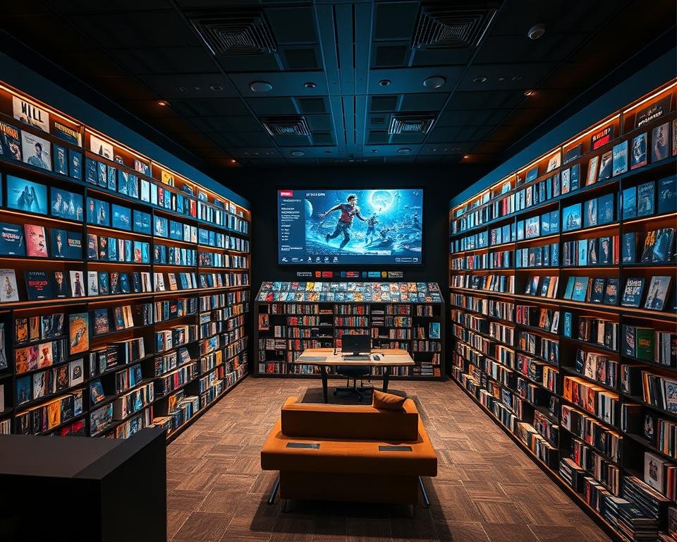 A sprawling entertainment library, brimming with a vast array of digital content. The foreground showcases rows of sleek, modern shelves, each filled with an eclectic collection of movies, TV shows, and documentaries. The middle ground features a cozy seating area, inviting viewers to immerse themselves in the boundless entertainment possibilities. In the background, a large, high-resolution screen displays a captivating visual feast, highlighting the comprehensive nature of the library. Warm, diffused lighting creates a welcoming atmosphere, while strategic camera angles capture the grandeur and depth of the space. The overall scene conveys a sense of boundless entertainment, catering to every conceivable taste and preference.