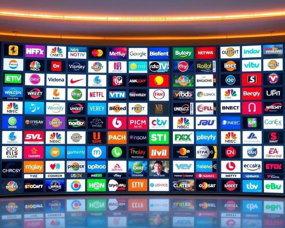 A sprawling grid of vibrant television channel logos, meticulously arranged in a visually captivating display. The channels span a wide range of genres, from news and sports to entertainment and lifestyle, showcasing the comprehensive nature of the service. The logos are illuminated against a sleek, minimalist backdrop, creating a sense of technological sophistication. Subtle, warm lighting from above casts a gentle glow, enhancing the sense of depth and hierarchy within the composition. The overall effect is one of visual harmony and authority, conveying the breadth and quality of the channel offerings.