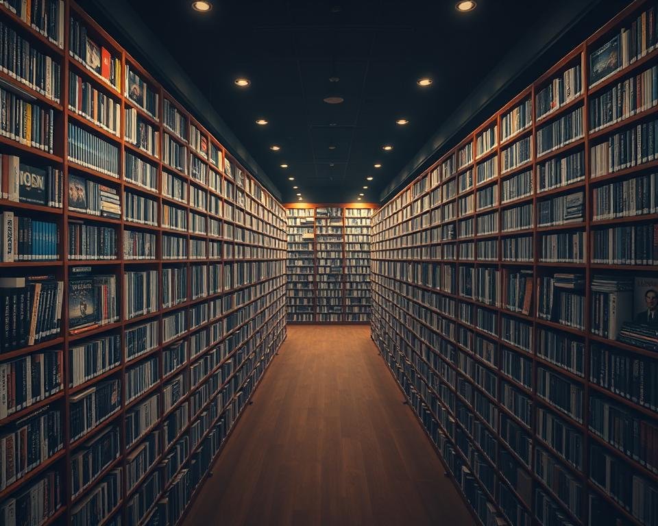 A sprawling, well-stocked entertainment library fills the frame, with countless shelves brimming with movies, TV shows, and other digital media. The lighting is soft and diffused, creating a warm, inviting atmosphere. The shelves stretch out in an infinite, symmetrical grid, leading the eye towards a distant, vanishing point. The camera angle is slightly elevated, giving a sense of grandeur and scale to the vast collection. The palette is muted, with earthy tones and hints of rich, saturated colors, conveying a sense of sophistication and premium quality. The overall impression is one of an unparalleled, on-demand entertainment experience, ready to satisfy the most discerning viewer.