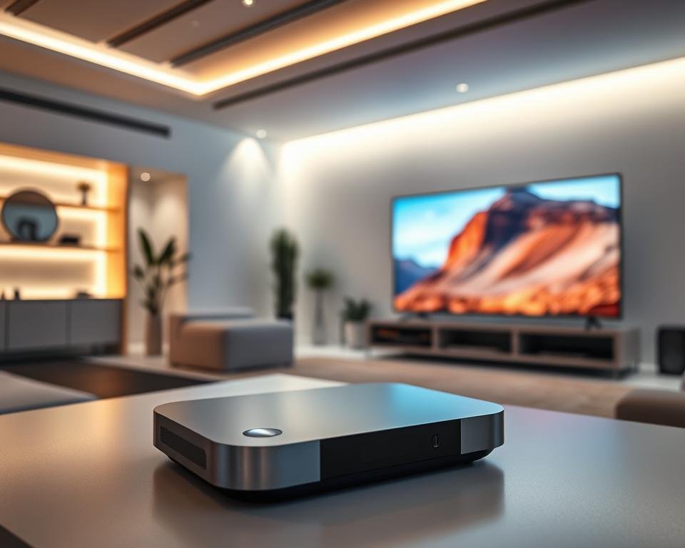 A state-of-the-art entertainment center, illuminated by soft, diffused lighting that accentuates the sleek, minimalist design of the latest streaming technology. In the foreground, a high-end streaming device with a glossy, metallic finish and a discreet, touch-sensitive control panel. Beside it, a high-resolution display panel showcases vibrant, crystal-clear images with impeccable color accuracy and contrast. In the background, a futuristic, open-concept living space with clean lines and a neutral color palette, creating an atmosphere of sophistication and technological prowess.