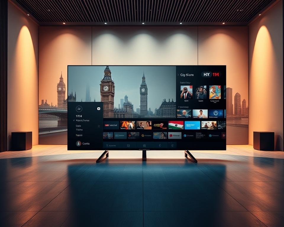 A state-of-the-art streaming platform set against a modern, minimalist backdrop. The foreground features a sleek, high-contrast display showcasing crystal-clear 4K HDR video, with seamless transitions between live TV and on-demand content. In the middle ground, a responsive, intuitive user interface with personalized recommendations and voice control commands. The background is a stylized cityscape of iconic London landmarks, hinting at the platform's unparalleled coverage of local and international live channels. Warm, focused lighting highlights the system's premium capabilities, while a cool, futuristic tone conveys its cutting-edge technology. A state-of-the-art streaming platform set against a modern, minimalist backdrop. The foreground features a sleek, high-contrast display showcasing crystal-clear 4K HDR video, with seamless transitions between live TV and on-demand content. In the middle ground, a responsive, intuitive user interface with personalized recommendations and voice control commands. The background is a stylized cityscape of iconic London landmarks, hinting at the platform's unparalleled coverage of local and international live channels. Warm, focused lighting highlights the system's premium capabilities, while a cool, futuristic tone conveys its cutting-edge technology.