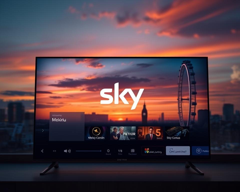 A striking, high-definition image of the Sky streaming service interface. In the foreground, a sleek, modern television screen showcases the Sky logo and branding, illuminated by soft, warm lighting. The middle ground features a minimalist menu system with clean typography and intuitive icons, inviting the viewer to explore the platform's content. In the background, a panoramic view of a sunset-drenched city skyline, with the iconic London Eye and other landmarks visible, creating a sense of urban sophistication. The overall composition conveys the seamless integration of Sky's traditional broadcast roots with its cutting-edge streaming capabilities, capturing the brand's evolution and its role in the UK's live TV landscape.
