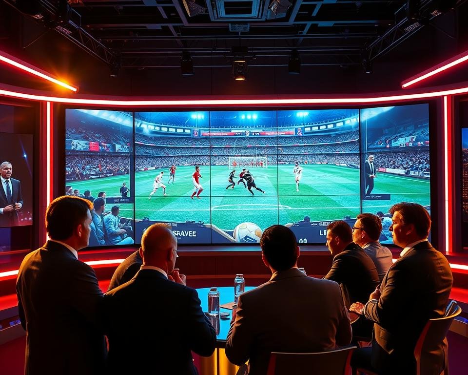 A striking sports broadcast studio with a large, immersive video wall displaying Premier League highlights. Sleek, modern lighting illuminates the scene, casting a warm, energetic glow. In the foreground, a team of commentators, dressed in sharp, professional attire, are engaged in a lively discussion, their expressions animated as they analyze the latest match. The background features a subtly blurred cityscape, hinting at the global reach of the coverage. The overall atmosphere conveys a sense of excitement, anticipation, and the thrill of top-level sports entertainment.
