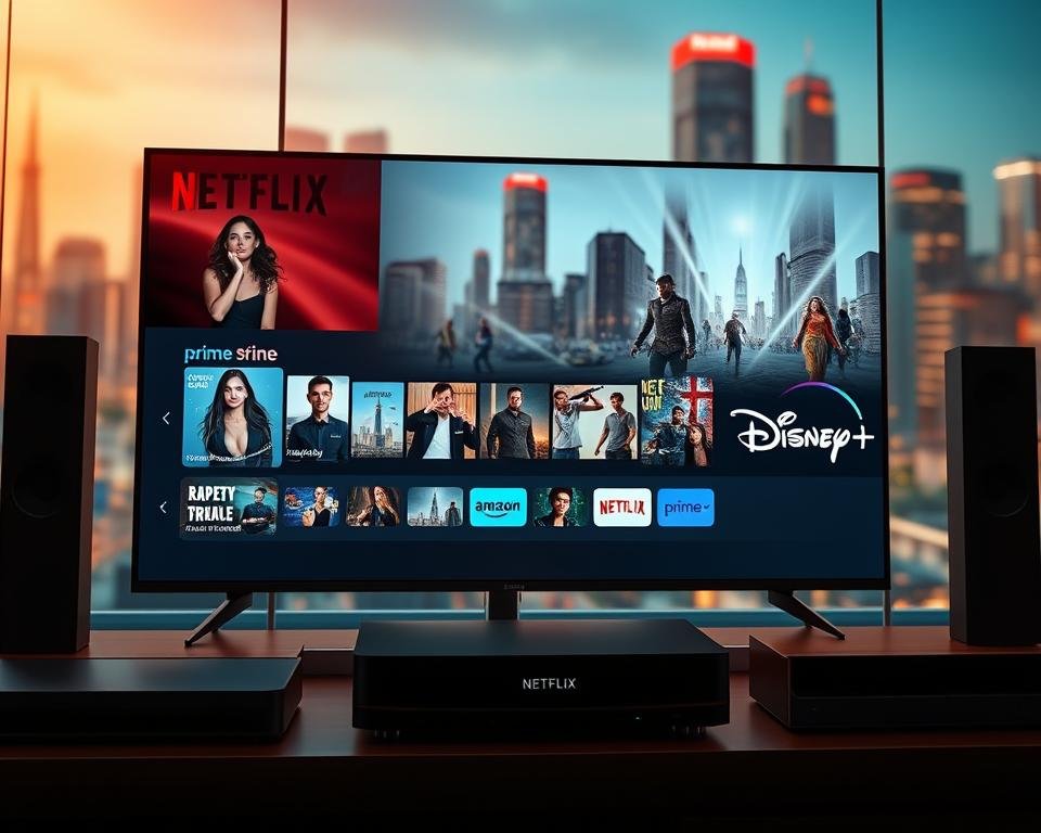 A stunning, photorealistic image of a sleek and modern streaming service interface. The foreground features a large, high-definition display showcasing captivating content from leading entertainment providers - Netflix, Amazon Prime, and Disney+. The display is flanked by intuitive control panels and navigation menus, creating a seamless and immersive user experience. The middle ground features elegant, minimalist hardware components in shades of black and silver, complementing the high-tech aesthetic. The background is a softly blurred, futuristic cityscape, conveying a sense of connectivity and the digital age. Warm, directional lighting casts a subtle glow, enhancing the premium and sophisticated ambiance of the scene.