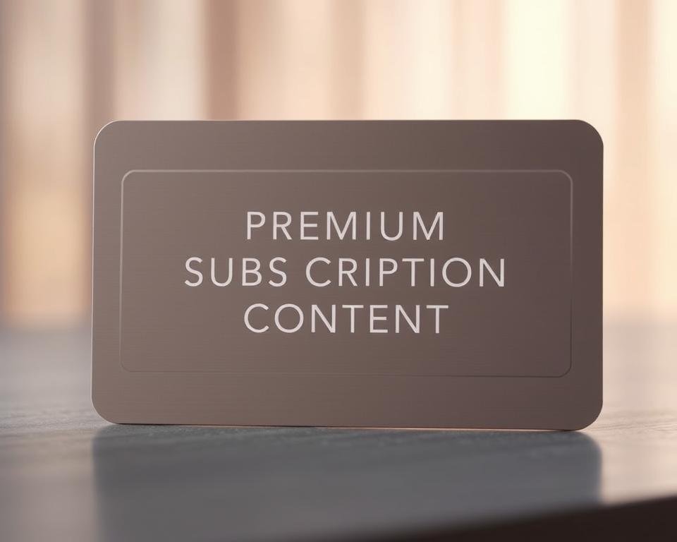 A stylish, modern-looking subscription card with a sleek, minimalist design. The card is composed of a muted, neutral color palette, perhaps shades of gray or beige, with subtle metallic accents. The surface has a slight textured or embossed effect, adding a premium feel. The card is positioned against a softly lit, out-of-focus background, creating a sense of depth and elegance. The layout features a clean, minimalist typographic treatment for the "Premium Subscription Content" text, using a modern, sans-serif font. The overall composition conveys a sense of sophistication, exclusivity, and high-quality content.