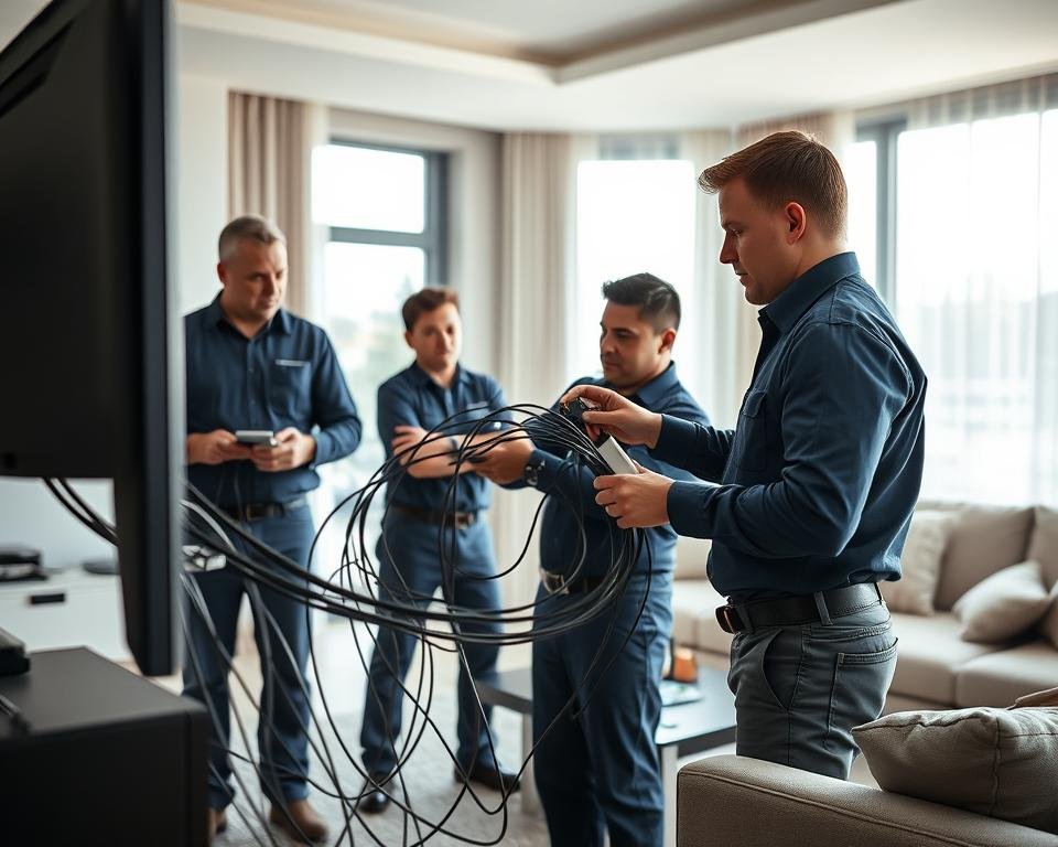 A team of experienced technicians in professional uniforms carefully installing a high-quality IPTV system in a modern living room. Soft, directional lighting illuminates their focused expressions as they meticulously connect cables and configure equipment. The room has clean, minimalist decor with large windows allowing natural light to filter in, creating a sense of clarity and professionalism. The technicians move with efficiency and expertise, showcasing the seamless integration of advanced technology into a comfortable, home environment.
