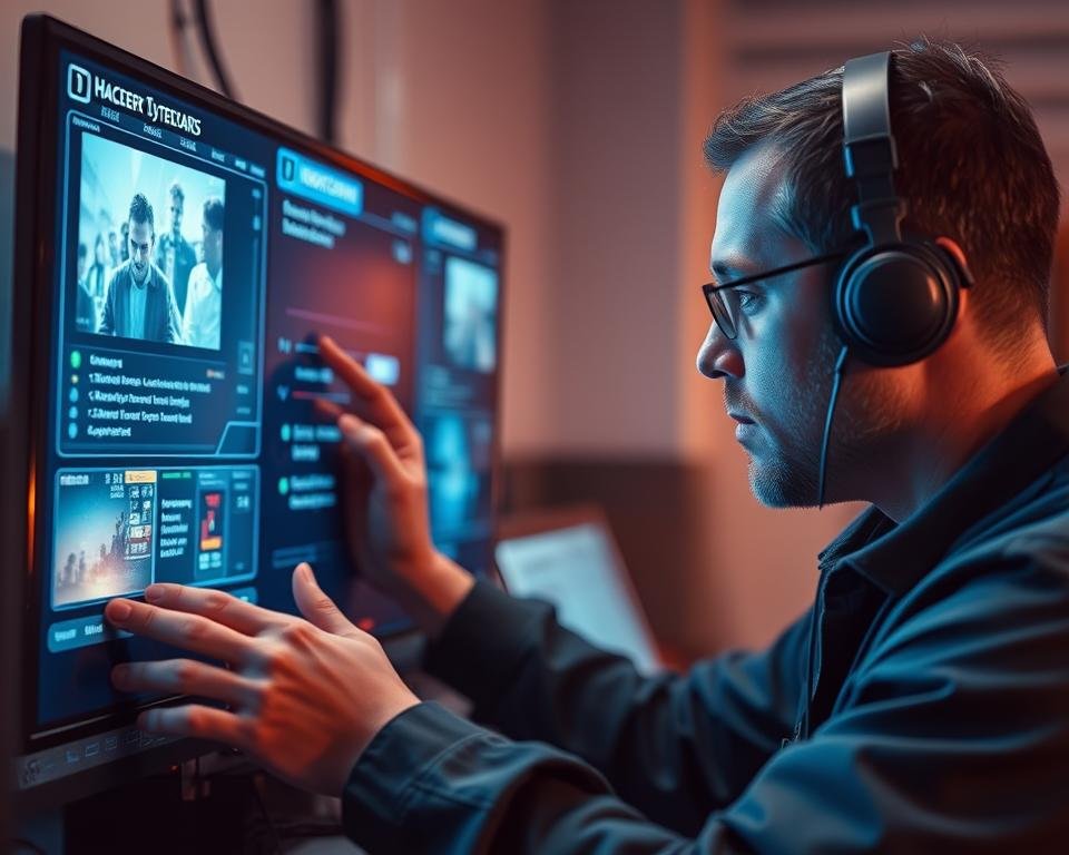 A technician diligently troubleshooting a streaming issue on a modern smart TV, surrounded by diagnostic screens, cables, and a variety of tech tools. The scene is bathed in cool, focused lighting that emphasizes the technical nature of the task. The technician's expression is one of deep concentration as they navigate the complexities of the setup, seeking to identify and resolve the problem. The background is softly blurred, keeping the attention on the central figure and their work. Overall, the image conveys a sense of expertise, problem-solving, and the challenges involved in optimizing a home entertainment system.