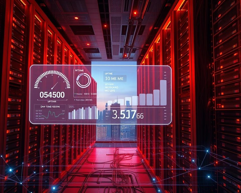 A towering data center complex, its sleek servers and cooling systems bathed in a warm glow of amber lighting. In the foreground, a holographic display showcases real-time metrics - uptime, bandwidth, and user traffic. The middle ground reveals a network of cables and fiber optic lines, pulsing with digital activity. In the background, a cityscape skyline stretches out, symbolizing the far-reaching connectivity the infrastructure provides. The scene conveys a sense of reliability, efficiency, and technological sophistication - the hallmarks of a world-class streaming service.