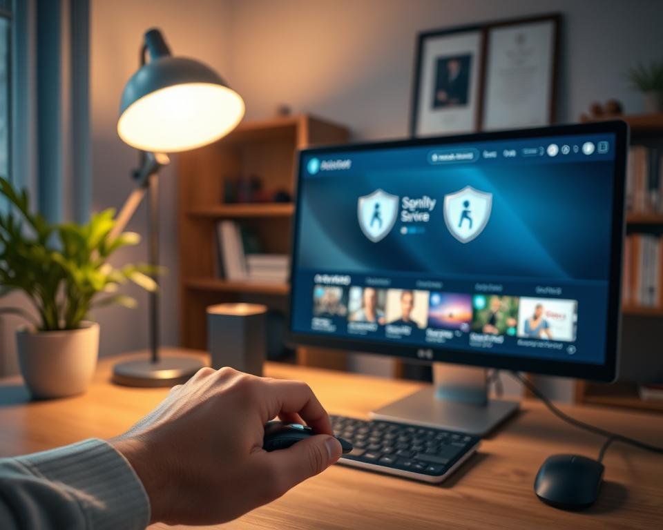A tranquil, well-lit office setting with a desktop computer, desk lamp, and potted plant. The computer screen displays a secure, trustworthy-looking streaming service interface, emanating a soft, inviting glow. In the foreground, a person's hand rests confidently on the mouse, symbolizing the user's sense of safety and control when accessing legal international content. The background features a bookshelf and a framed certificate or award, conveying a professional, authorized environment. The overall scene exudes an atmosphere of reliability, legality, and digital security.