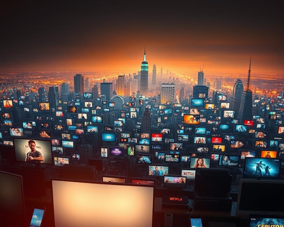 A vast array of entertainment options unfolds before the viewer, a sprawling digital landscape teeming with an abundance of content. In the foreground, an array of televisions, smartphones, and streaming devices emanate a soft, ambient glow, showcasing the myriad of viewing possibilities. In the middle ground, a vibrant mosaic of genre icons, movie posters, and channel logos create a sense of depth and visual interest. The background fades into a warm, cinematic atmosphere, punctuated by the subtle glow of city lights and the hazy silhouettes of skyscrapers, suggesting the global reach and scale of the content selection. The overall composition conveys a sense of excitement, anticipation, and the endless possibilities afforded by a truly massive content offering. A vast array of entertainment options unfolds before the viewer, a sprawling digital landscape teeming with an abundance of content. In the foreground, an array of televisions, smartphones, and streaming devices emanate a soft, ambient glow, showcasing the myriad of viewing possibilities. In the middle ground, a vibrant mosaic of genre icons, movie posters, and channel logos create a sense of depth and visual interest. The background fades into a warm, cinematic atmosphere, punctuated by the subtle glow of city lights and the hazy silhouettes of skyscrapers, suggesting the global reach and scale of the content selection. The overall composition conveys a sense of excitement, anticipation, and the endless possibilities afforded by a truly massive content offering.