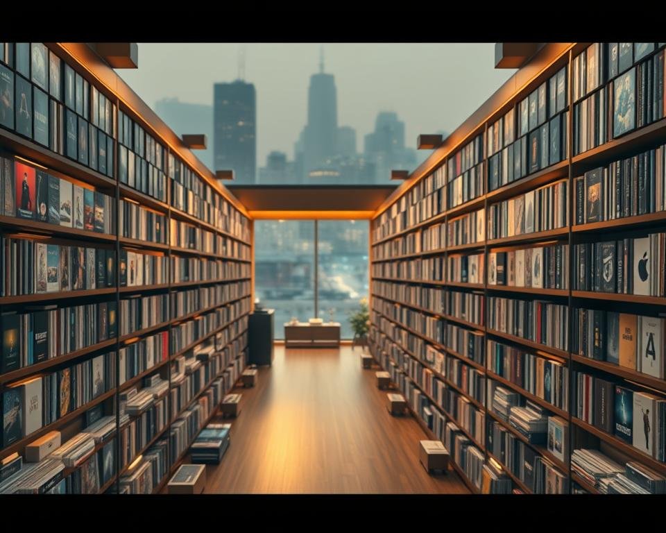 A vast, curated digital library stretches out before the viewer, its shelves brimming with a diverse array of content. Warm, soft lighting illuminates the scene, casting a cozy, inviting atmosphere. In the foreground, high-quality video thumbnails and album covers are meticulously displayed, beckoning the viewer to explore the wealth of entertainment options. The middle ground features sleek, modern UI elements and intuitive navigation tools, making the experience seamless and user-friendly. In the background, a hazy, blurred cityscape provides a subtle urban backdrop, hinting at the global reach and scale of this comprehensive content hub. The overall impression is one of abundance, sophistication, and endless possibilities for entertainment and discovery.