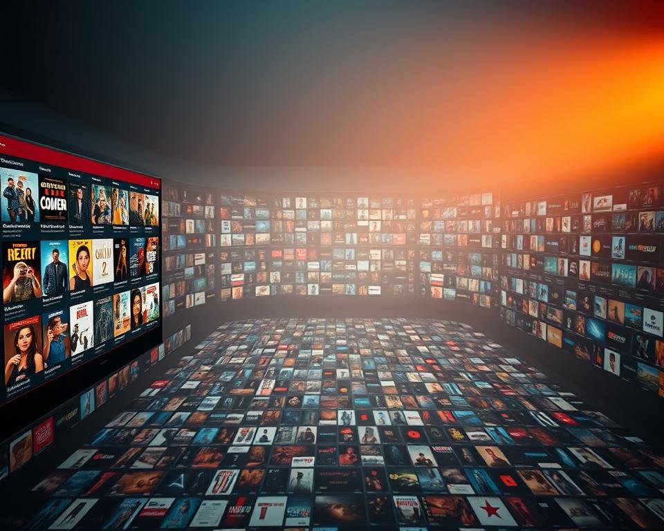A vast entertainment content library stretches out before the viewer, a boundless sea of digital media. In the foreground, a sleek, high-definition display showcases a curated selection of popular shows, movies, and documentaries, their thumbnails and logos beckoning the viewer to explore. The middle ground reveals row upon row of additional content categories, from comedy to horror, sci-fi to reality TV, each section a treasure trove of entertainment possibilities. The background fades into a soft, warm glow, hinting at the countless other titles and genres waiting to be discovered, a visual representation of the sheer depth and breadth of the available selection. Subtle, cinematic lighting casts a sense of drama and anticipation, inviting the viewer to dive in and lose themselves in the vast, immersive world of on-demand entertainment.