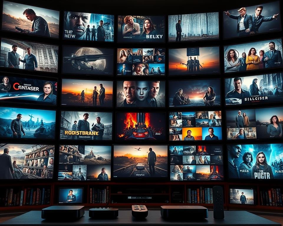 A vast expanse of television screens, each displaying a diverse array of content, ranging from captivating dramas to thrilling documentaries. The screens are arranged in a visually striking grid, casting a warm glow across the scene. Soft, directional lighting accentuates the depth and texture of the screens, creating a sense of depth and immersion. In the foreground, a collection of streaming devices and remote controls suggest the seamless integration of this extensive library, ready to be explored. The overall composition conveys a sense of abundance, quality, and the endless possibilities of entertainment at your fingertips.