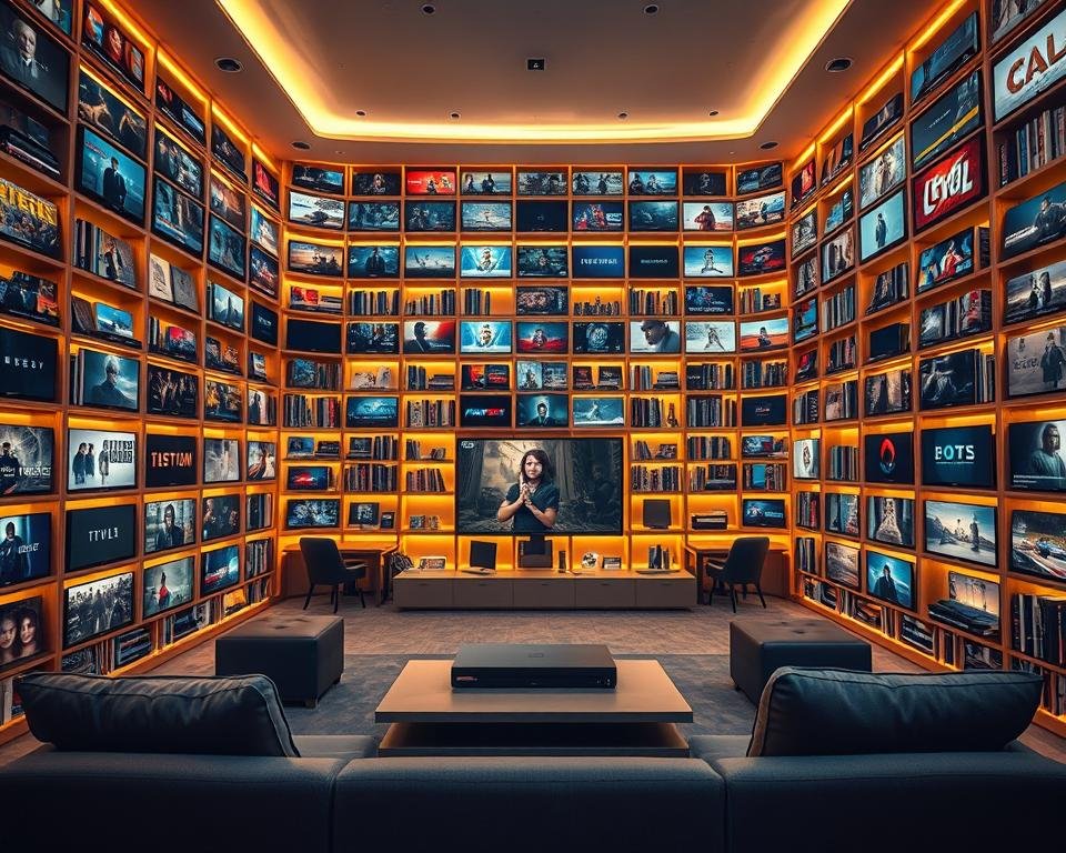 A vast, gleaming library of premium television content fills the frame, the shelves lined with rows of elegant, high-definition screens. The lighting is soft and warm, creating a cozy, inviting atmosphere. In the foreground, a sleek, modern entertainment center takes center stage, its clean lines and minimalist design complementing the sophisticated ambiance. The middle ground features comfortable, plush seating arrangements, encouraging viewers to settle in and immerse themselves in the captivating content on display. The background is a serene, muted palette, allowing the vibrant, lifelike imagery on the screens to take the spotlight. The overall scene conveys a sense of premium, high-quality entertainment, perfect for illustrating the key features of a premium IPTV subscription. A vast, gleaming library of premium television content fills the frame, the shelves lined with rows of elegant, high-definition screens. The lighting is soft and warm, creating a cozy, inviting atmosphere. In the foreground, a sleek, modern entertainment center takes center stage, its clean lines and minimalist design complementing the sophisticated ambiance. The middle ground features comfortable, plush seating arrangements, encouraging viewers to settle in and immerse themselves in the captivating content on display. The background is a serene, muted palette, allowing the vibrant, lifelike imagery on the screens to take the spotlight. The overall scene conveys a sense of premium, high-quality entertainment, perfect for illustrating the key features of a premium IPTV subscription.