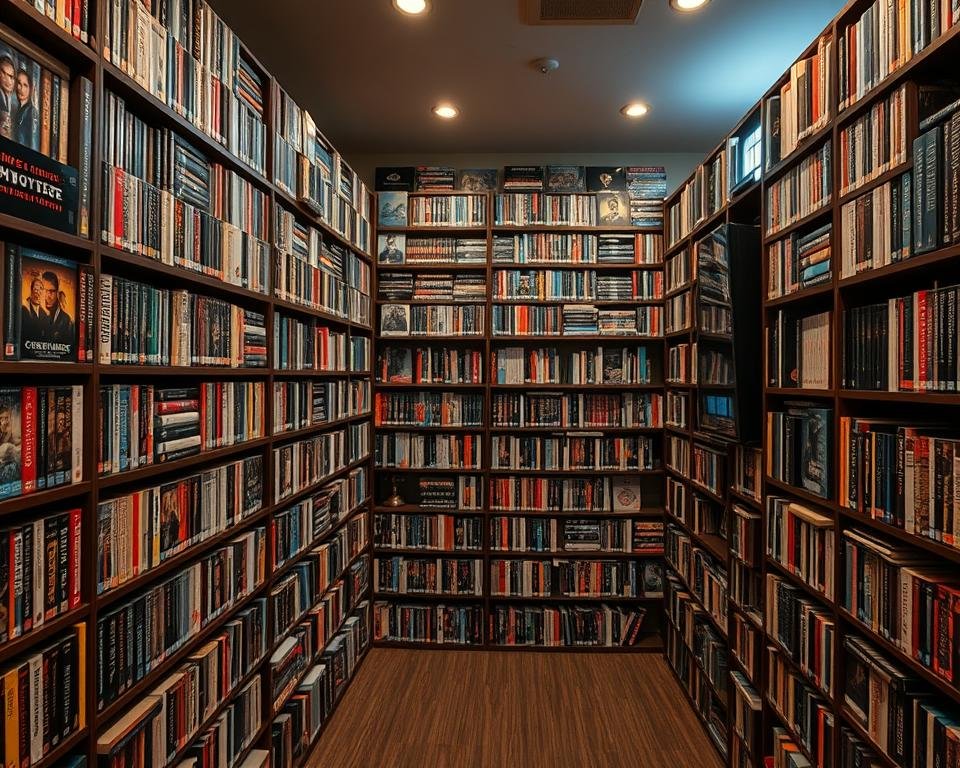 A vast library of on-demand movies and series, with rows of shelves filled with an abundance of cinematic and television delights. The camera captures this expansive collection in a warm, inviting lighting, showcasing the diverse range of genres and titles available. The shelves are organized neatly, with a balanced mix of classic and contemporary releases, creating a sense of cinematic abundance. The scene exudes a cozy, home-theater ambiance, inviting the viewer to immerse themselves in the boundless world of entertainment at their fingertips.