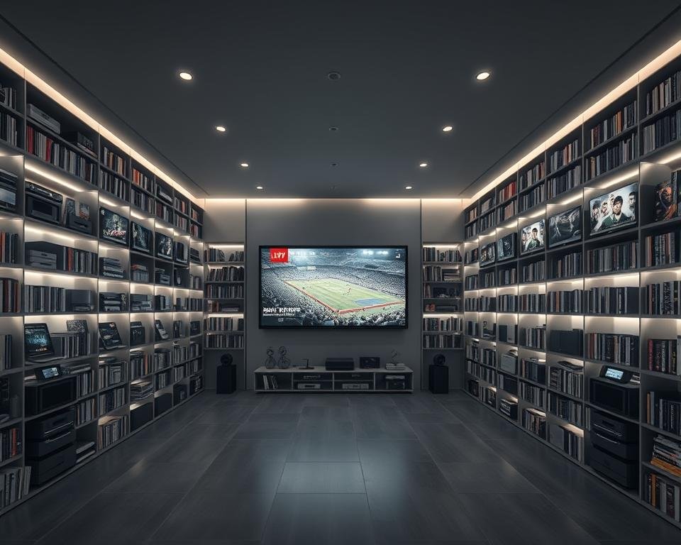 A vast, modern media library with an extensive collection of live TV channels, sports events, and on-demand entertainment. The scene depicts a sleek, minimalist interior with clean lines and a monochrome color palette. Floor-to-ceiling shelves line the walls, meticulously organized with a variety of media formats, from digital devices to physical media. Soft, diffused lighting emanates from hidden sources, creating a warm, inviting ambiance. In the center, a large, ultra-high-definition display showcases a diverse range of content, from live sporting events to binge-worthy series. The overall impression is one of sophistication, technological advancement, and an unparalleled depth of entertainment options.