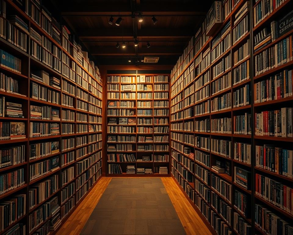 A vast, well-organized library of television content, with rows upon rows of neatly organized shelves filled with an expansive collection of films, shows, and documentaries. The lighting is warm and inviting, creating a cozy and immersive atmosphere. The shelves are made of rich, dark wood, and the backgrounds are a mix of muted colors, hinting at the diverse array of genres and themes represented. The overall composition suggests a sense of depth and exploration, with the viewer drawn into the depths of this comprehensive library of visual entertainment.