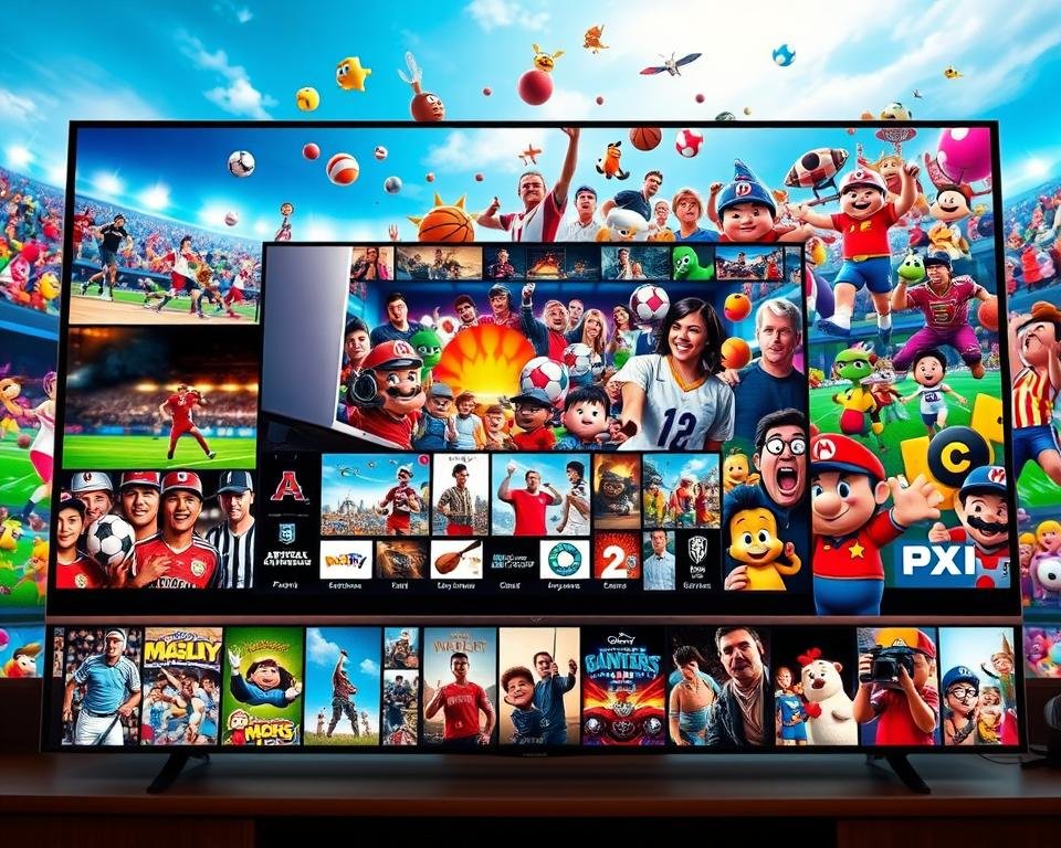 A vibrant and comprehensive IPTV package featuring a dynamic array of sports, movies, and kids' content. In the foreground, a sleek and modern IPTV interface showcases a diverse selection of live sports events, from football and basketball to tennis and motorsports. The middle ground depicts a vast library of blockbuster movies, ranging from action-packed thrillers to heartwarming family films. In the background, a lively and colorful world of animated characters and beloved children's programming comes to life, creating a truly immersive and engaging entertainment experience. The scene is illuminated by warm, natural lighting, conveying a sense of comfort and enjoyment. The overall atmosphere is one of excitement, diversity, and seamless integration, reflecting the comprehensive nature of the IPTV package.