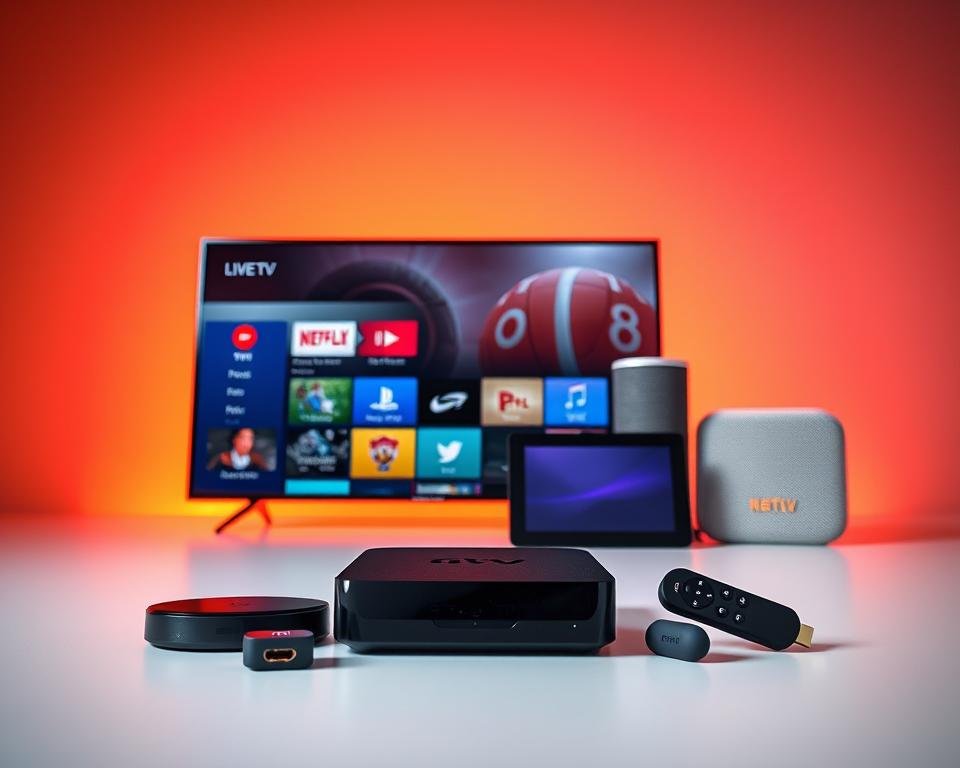 A vibrant and modern display of various streaming devices arranged in a stylish, well-lit composition. In the foreground, a sleek Smart TV, a powerful streaming box, and a compact HDMI dongle take center stage, showcasing their distinctive designs. In the middle ground, a smart speaker and a tablet-like device complement the setup, highlighting the integrated nature of the streaming ecosystem. The background is a minimalist, monochromatic surface, allowing the devices to stand out and emphasize their technological prowess. The lighting is warm and diffused, creating a sense of sophistication and professionalism, reflecting the high-quality experience of streaming live TV.