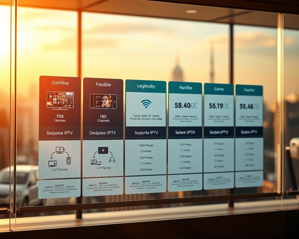 A vibrant and transparent glass display showcases a range of flexible IPTV subscription plans. The foreground features eye-catching icons and graphics that clearly illustrate the various package options, including the number of movies, TV channels, and devices supported. The middle ground depicts a sleek, modern interface with intuitive navigation, allowing users to easily compare and select the plan that best fits their needs. The background has a soft, out-of-focus cityscape, suggesting the global accessibility and versatility of the IPTV service. The overall scene is bathed in warm, natural lighting, creating a welcoming and inviting atmosphere for the viewer.