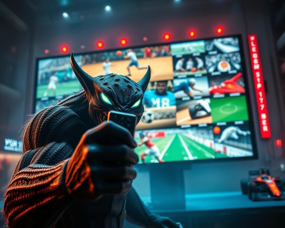 A vibrant, cinematic scene of the "Monster IPTV" sports streaming service. In the foreground, a powerful, otherworldly creature with glowing eyes and a fierce expression dominates the frame, holding a sleek, futuristic remote control. Behind it, a dynamic display showcases a diverse array of live sporting events, from soccer and basketball to Formula 1 racing. The background is a moody, neon-lit cityscape, reflecting the urban energy and intensity of the sports world. The lighting is dramatic, with deep shadows and bold highlights, capturing the excitement and intensity of the service. The overall atmosphere is one of power, technology, and a sense of the extraordinary, perfectly capturing the essence of the "Monster IPTV" as the premier choice for sports enthusiasts.