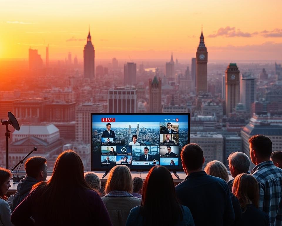 A vibrant cityscape at sunset, showcasing the iconic landmarks of London against a backdrop of glowing orange and pink hues. In the foreground, a group of people gathered around a TV screen, watching intently as international news and entertainment channels from the UK are displayed. The scene is bathed in a warm, soft lighting, creating a cozy and inviting atmosphere. Subtle details like satellite dishes and streaming devices on the periphery suggest the technological infrastructure enabling this global access to British television content. The overall composition conveys the idea of the world connected, with UK media reaching expats and international audiences effortlessly.