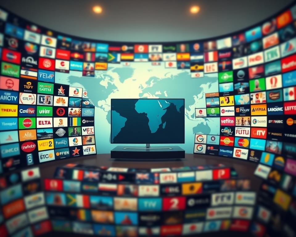 A vibrant display of global entertainment, Loops IPTV showcases an expansive array of international content. In the foreground, a dynamic mosaic of channel logos and program thumbnails, each representing diverse cultures and perspectives. The middle ground features a sleek, minimalist interface, inviting viewers to explore an endless sea of live TV, movies, and on-demand programming from around the world. In the background, a softly blurred world map serves as a subtle backdrop, symbolizing the borderless nature of Loops IPTV's content. Warm, diffused lighting creates a welcoming atmosphere, while a slight fisheye lens effect adds a sense of depth and immersion. The overall composition conveys the platform's commitment to bridging cultural divides and delivering a truly global entertainment experience.