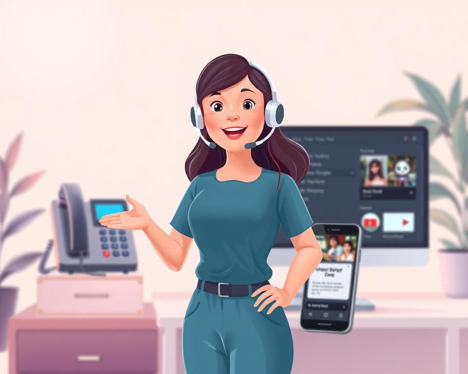 A vibrant, dynamic illustration showcasing the customer support options for popular streaming services. In the foreground, a friendly customer service representative stands ready to assist, their warm expression and inviting gesture conveying a sense of helpfulness. The middle ground features an array of communication channels - a telephone, a computer screen displaying a chat interface, and a mobile device displaying a service's support menu. The background is softly blurred, hinting at the vast digital landscape of streaming platforms. Soft, diffused lighting creates a welcoming atmosphere, while a clean, minimalist aesthetic ensures the focus remains on the core elements of customer support. The overall composition strikes a balance between professionalism and approachability, reflecting the seamless experience users can expect when seeking assistance from their preferred streaming services.