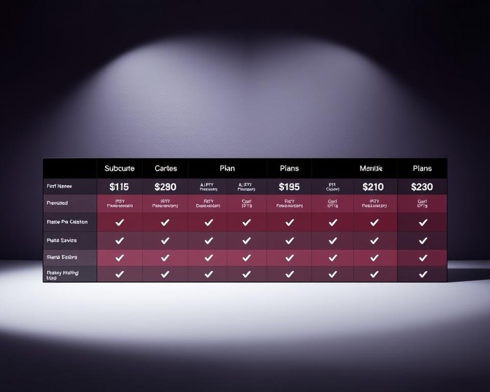 A vibrant, high-contrast table displaying subscription plan pricing for a 4K IPTV service in the UK. The foreground features a clean, minimalist layout with plan names, features, and monthly costs arranged in a grid-like structure. The middle ground showcases visual cues like check marks and dollar signs to highlight the key plan details. The background has a subtle gradient or texture, providing depth and visual interest without distracting from the main focus. Lighting is directional, casting subtle shadows to enhance the sense of dimensionality. The overall composition conveys a sense of clarity, professionalism, and attention to detail, perfectly suited for an informative article on UK IPTV packages.