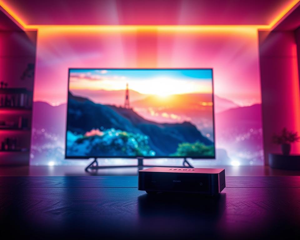 A vibrant, high-definition digital landscape showcasing the pinnacle of streaming performance. In the foreground, a sleek, modern smart TV displays a captivating live feed, its screen radiating with crisp, vivid imagery. The middle ground features a cutting-edge streaming device, its compact form housing the latest in video processing technology. The background is bathed in a soft, ambient glow, creating a sense of immersion and visual harmony. Dramatic lighting casts dynamic shadows, enhancing the sense of depth and technical sophistication. The overall composition conveys a seamless, effortless streaming experience of unparalleled quality and clarity.