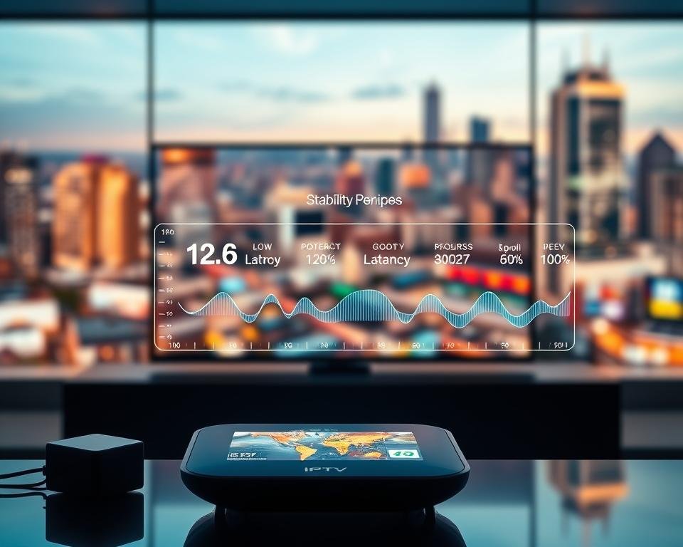 A vibrant, high-resolution digital display showcasing the stability and reliability of an IPTV streaming service. In the foreground, a sleek, futuristic device with a glowing interface projects a crisp, 4K video feed with no buffering or interruptions. The middle ground features a fluid, dynamic data visualization highlighting the service's consistent performance metrics, such as low latency and high bitrate. In the background, a blurred cityscape depicts the service's wide coverage and global reach. The overall scene conveys a sense of technological sophistication, seamless connectivity, and unwavering service quality.