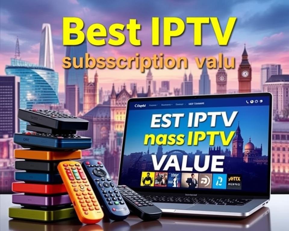 A vibrant, high-resolution digital illustration showcasing the "best IPTV subscription value" for a UK audience. In the foreground, a stack of colorful television remote controls symbolizing the wide range of channels and entertainment options. The middle ground features a laptop displaying an IPTV service interface with a bold, eye-catching headline highlighting the exceptional value proposition. The background depicts a cityscape of London's iconic landmarks, conveying the local relevance and appeal of the IPTV service. The overall scene exudes a sense of modern, tech-savvy sophistication and the promise of an unparalleled streaming experience. A vibrant, high-resolution digital illustration showcasing the "best IPTV subscription value" for a UK audience. In the foreground, a stack of colorful television remote controls symbolizing the wide range of channels and entertainment options. The middle ground features a laptop displaying an IPTV service interface with a bold, eye-catching headline highlighting the exceptional value proposition. The background depicts a cityscape of London's iconic landmarks, conveying the local relevance and appeal of the IPTV service. The overall scene exudes a sense of modern, tech-savvy sophistication and the promise of an unparalleled streaming experience.