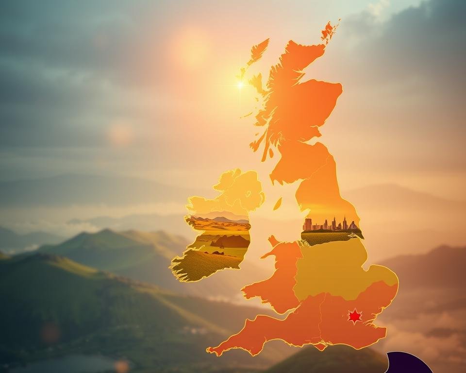 A vibrant map of the United Kingdom showcasing the geographic availability of a live TV streaming service. The foreground features a detailed outline of the British Isles, with each region highlighted in a distinct color palette to denote coverage. The middle ground displays city skylines, rolling hills, and scenic landscapes, reflecting the diverse terrain across the nation. In the background, a soft, ethereal glow emanates, creating a sense of connectivity and accessibility. The lighting is warm and inviting, subtly guiding the viewer's attention to the core message - the comprehensive geographic reach of the live TV service. Captured through a wide-angle lens, the image conveys a holistic, panoramic view of the UK's streaming capabilities.