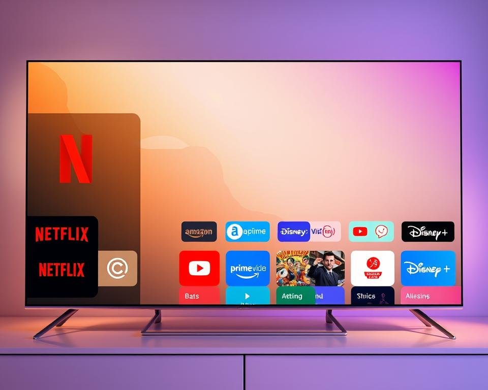 A vibrant, modern interface showcasing a selection of popular streaming service channels. In the foreground, high-definition app icons for Netflix, Amazon Prime Video, Disney+, and others are neatly arranged on a sleek, minimalist display. The middle ground features a seamless, intuitive navigation menu with clear categorization and search functionality. The background is a soft, gradient-based color scheme, creating a sense of depth and a premium, user-friendly atmosphere. The lighting is warm and balanced, with subtle reflections on the display surface. The overall composition conveys a polished, accessible, and visually appealing streaming service experience.