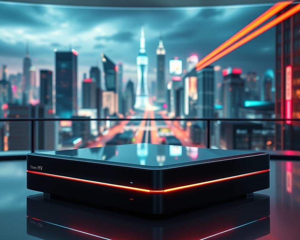 A visually striking and technologically advanced image of Xtreme HD IPTV's exceptional reliability and performance. The foreground depicts a sleek, futuristic IPTV box with a glowing, high-definition display showcasing crystal-clear video playback. The middle ground features a seamless user interface with intuitive controls, highlighting the service's robust and user-friendly design. The background is a panoramic view of a modern, technologically advanced city skyline, bathed in a vibrant, neon-lit atmosphere that conveys the cutting-edge nature of the Xtreme HD IPTV platform. The overall scene is captured through a wide-angle lens, creating a sense of depth and immersion, and lit by a combination of natural and artificial light sources that accentuate the sleek, high-tech aesthetic.