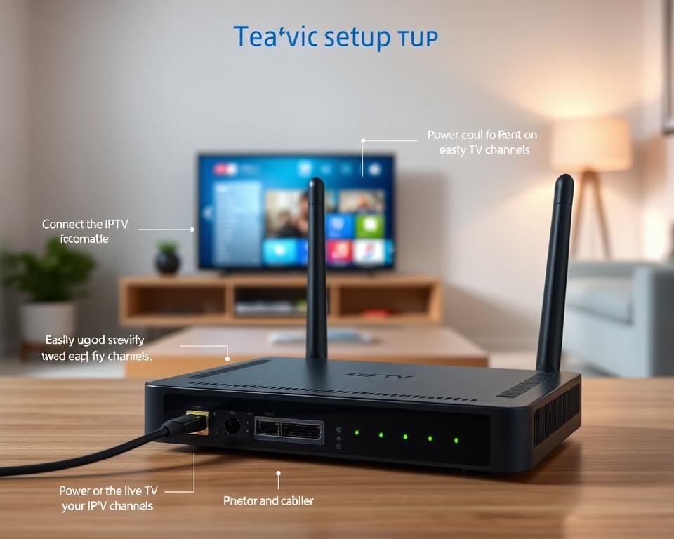 A well-lit and detailed diagram showcasing the setup of an IPTV service. In the foreground, a sleek router and streaming device are prominently displayed, with clear instructions on connecting cables and powering on the devices. The middle ground features a laptop or tablet displaying the IPTV service's user interface, highlighting the easy navigation and access to live TV channels. In the background, a minimalist home environment sets the scene, suggesting the convenience of enjoying live TV from the comfort of one's own living space. The overall composition conveys a sense of simplicity and user-friendliness, inviting the viewer to confidently set up their IPTV service.