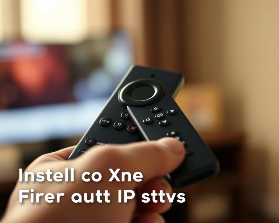 A well-lit and focused close-up shot of a hand holding a Firestick remote, with the Firestick device itself prominently displayed in the foreground. The remote's buttons are clearly visible, suggesting the process of interacting with the device to install a smart IPTV application. The background should be slightly blurred, emphasizing the central action. The lighting should be warm and natural, creating a sense of ease and approachability. The overall composition should convey a step-by-step, instructional feel, guiding the viewer through the installation process.