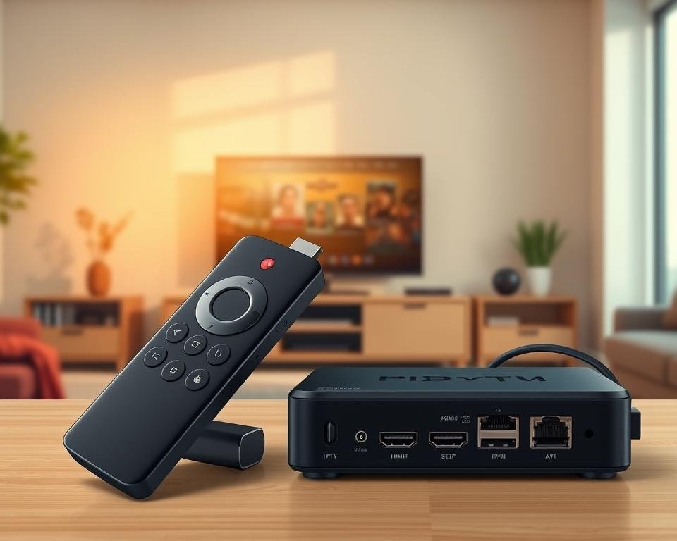 A well-lit, detailed illustration showcasing the step-by-step setup process for an IPTV device. The foreground features a Firestick remote and an IPTV box with various ports and connectors. The middle ground depicts the Firestick being plugged into a TV, with the IPTV box connected via HDMI and Ethernet cables. The background shows a living room environment, with a modern television and home entertainment setup. Warm, natural lighting illuminates the scene, creating a inviting atmosphere. The composition emphasizes the simplicity and user-friendliness of the IPTV device installation, guiding the viewer through the key setup stages.