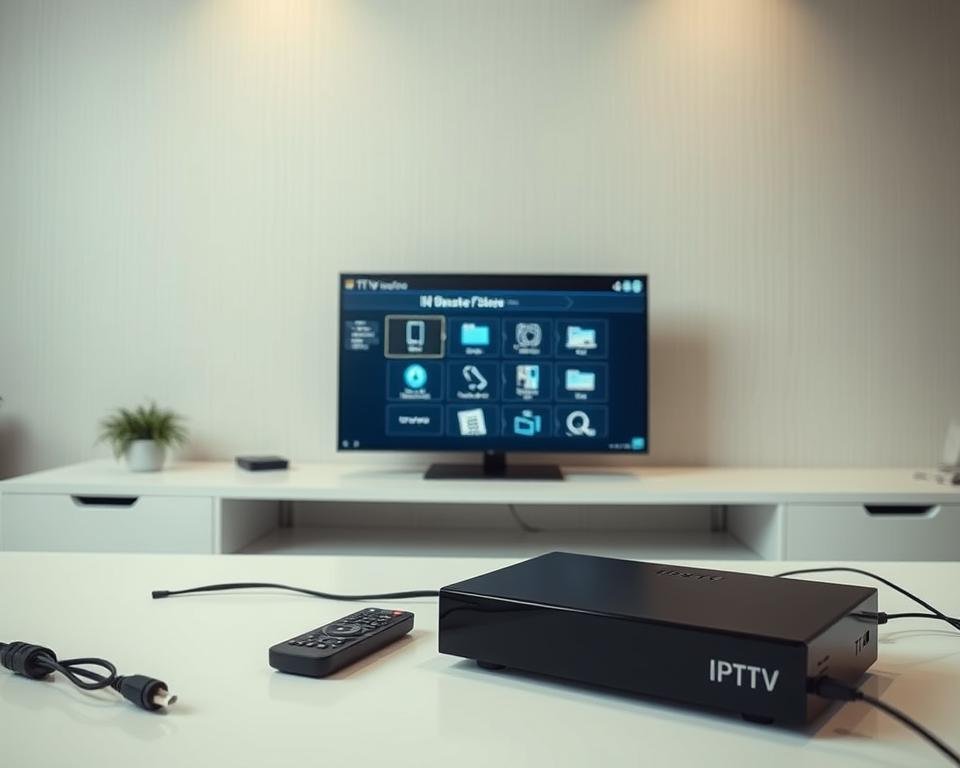 A well-lit, detailed setup guide for IPTV installation. In the foreground, a smart TV or set-top box, cables, and remote control neatly arranged on a clean, minimalist desk. In the middle ground, a laptop or tablet displaying step-by-step instructions, with a modern, intuitive user interface. In the background, a neutral-toned wall with a subtle texture, creating a professional, tech-savvy atmosphere. The lighting is soft and even, highlighting the various components without harsh shadows. The camera angle is slightly elevated, providing a clear, unobstructed view of the setup process. The overall mood is one of simplicity, efficiency, and user-friendliness, conveying the ease of IPTV installation.