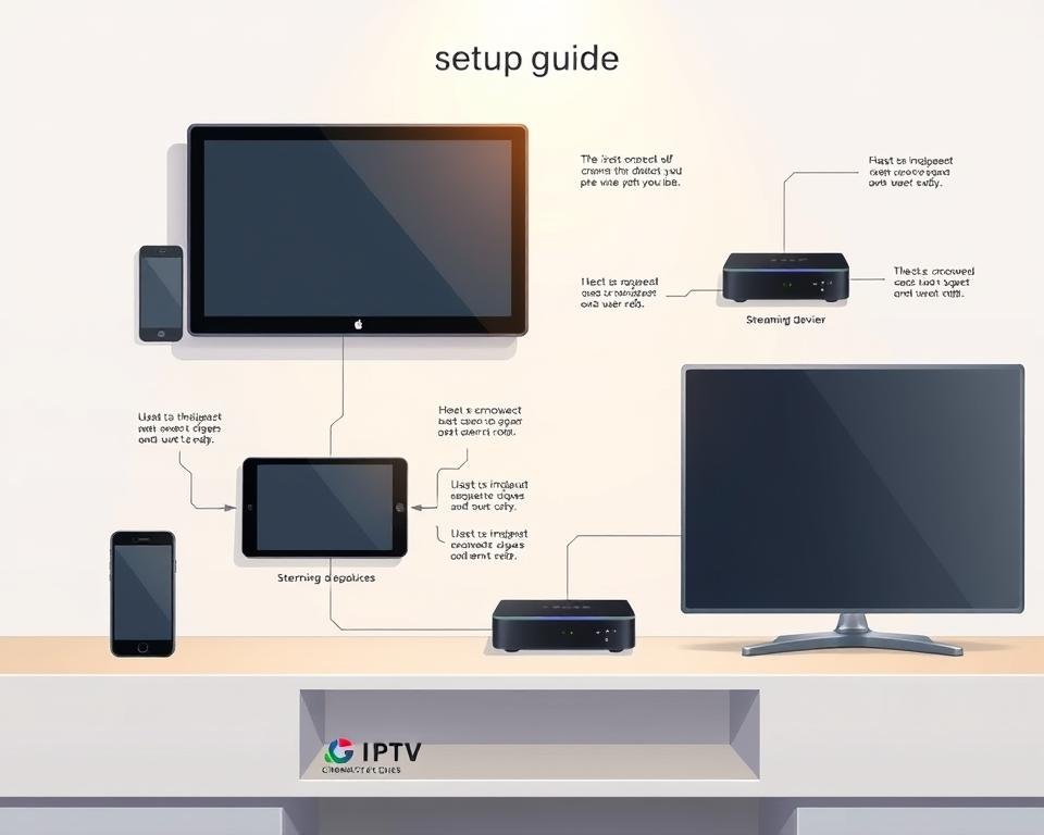 A well-lit, detailed technical illustration of a device setup guide for various electronic devices, including a smartphone, tablet, streaming device, and smart TV. The guide features simple step-by-step instructions and clear diagrams showcasing how to connect and configure the devices to access IPTV services. The illustration has a clean, minimalist style with a bright, airy atmosphere, utilizing soft lighting and a neutral color palette to create an inviting, informative visual aid. The focus is on ease of use and accessibility, with the devices and setup steps rendered in a practical, user-friendly manner. A well-lit, detailed technical illustration of a device setup guide for various electronic devices, including a smartphone, tablet, streaming device, and smart TV. The guide features simple step-by-step instructions and clear diagrams showcasing how to connect and configure the devices to access IPTV services. The illustration has a clean, minimalist style with a bright, airy atmosphere, utilizing soft lighting and a neutral color palette to create an inviting, informative visual aid. The focus is on ease of use and accessibility, with the devices and setup steps rendered in a practical, user-friendly manner.