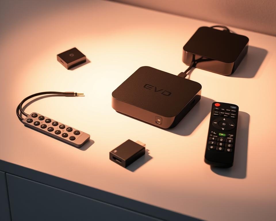 A well-lit display showcases an assortment of compatible streaming devices, including a sleek black set-top box, a compact HDMI dongle, and a classic remote control. The devices are arranged on a minimalist white surface, casting subtle shadows that add depth and dimension. The overall composition conveys a sense of simplicity and functionality, reflecting the seamless integration of these technologies into modern home entertainment setups. The lighting is warm and diffused, creating a clean, professional aesthetic suitable for an informative article on IPTV subscriptions and compatible devices.