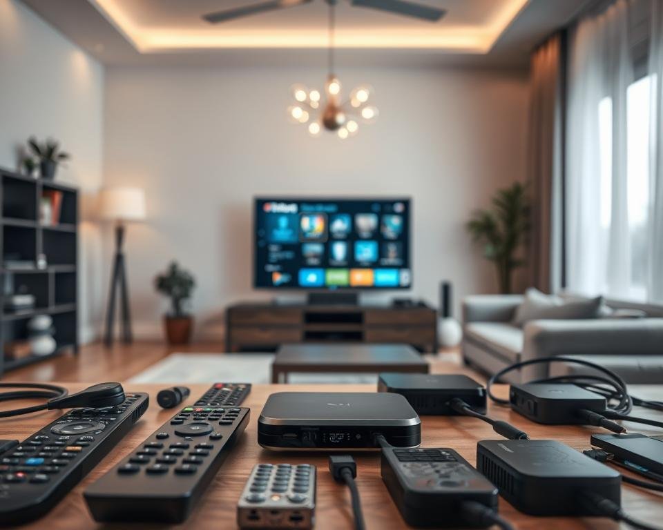 A well-lit, high-angle image showcasing the step-by-step installation process for an IPTV service. In the foreground, various remote controls, streaming devices, and cables are neatly arranged, inviting the viewer to imagine setting up their own IPTV system. The middle ground features a modern, minimalist living room setting with a large, flatscreen TV displaying the IPTV interface. The background offers a blurred, cozy atmosphere, hinting at the comfort and convenience of the IPTV experience. The overall scene conveys a sense of clarity, simplicity, and user-friendliness, aligning with the subject of a reliable, secure IPTV service.