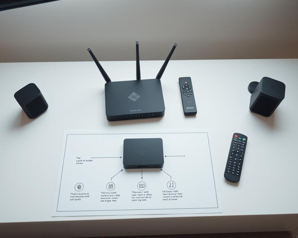 A well-lit, high-angle shot of a sleek, modern IPTV setup guide. The foreground features a stylized diagram with clear, intuitive icons and minimal text, guiding the viewer through the installation process. The middle ground showcases the necessary equipment - a router, streaming device, and remote control - arranged neatly on a clean, minimal surface. The background is a soft, blurred gradient, allowing the setup components to take center stage. The overall aesthetic is professional, informative, and visually appealing, designed to instruct and inspire users to confidently set up their IPTV service.