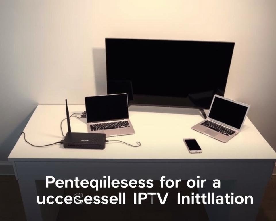 A well-lit, high-angle view of an IPTV setup on a clean, minimalist desk. In the foreground, a smart TV and a modem/router are prominently displayed, connected by an ethernet cable. On the middle-ground, a laptop and a smartphone are positioned, showcasing the devices required to access and control the IPTV system. The background features a simple, neutral-colored wall, allowing the setup to take center stage. The overall scene conveys a sense of simplicity, efficiency, and technological sophistication, reflecting the "Prerequisites for a Successful IPTV Installation" section of the article. A well-lit, high-angle view of an IPTV setup on a clean, minimalist desk. In the foreground, a smart TV and a modem/router are prominently displayed, connected by an ethernet cable. On the middle-ground, a laptop and a smartphone are positioned, showcasing the devices required to access and control the IPTV system. The background features a simple, neutral-colored wall, allowing the setup to take center stage. The overall scene conveys a sense of simplicity, efficiency, and technological sophistication, reflecting the "Prerequisites for a Successful IPTV Installation" section of the article.