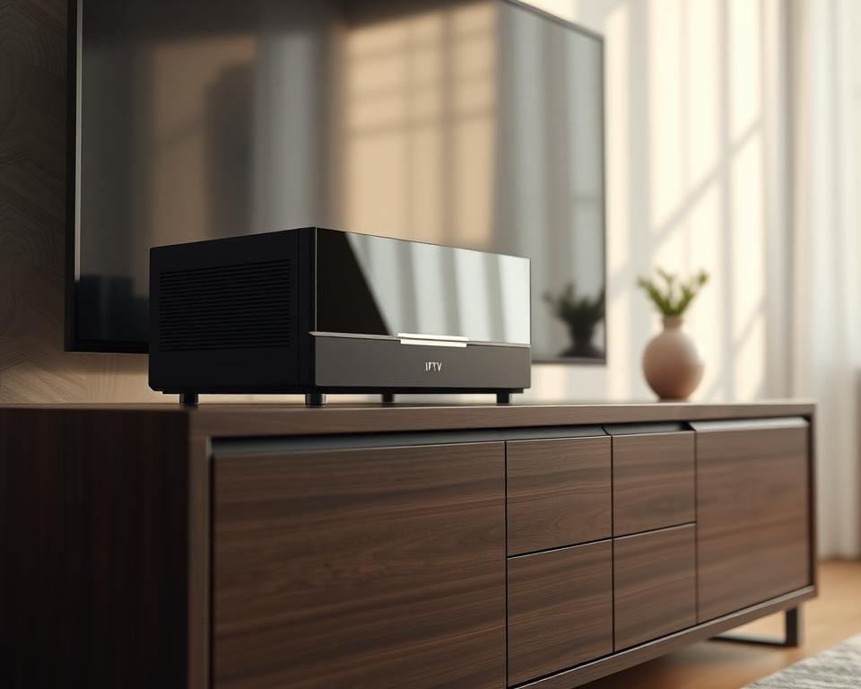 A well-lit, high-fidelity rendering of an IPTV device on a sleek, modern TV cabinet. The device is shown in profile, showcasing its clean lines and intuitive interface. The cabinet is made of dark, premium wood, providing a elegant and sophisticated backdrop. Soft shadows and highlights accentuate the device's contours, while a warm, natural lighting scheme creates a cozy, inviting atmosphere. The scene conveys a sense of quality, flexibility, and seamless connectivity for a premium IPTV experience.